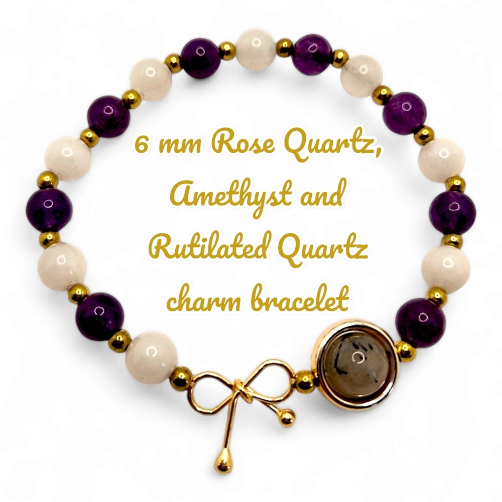 6 mm Rose Quartz, Amethyst and Rutilated Quartz charm bracelet/anklet